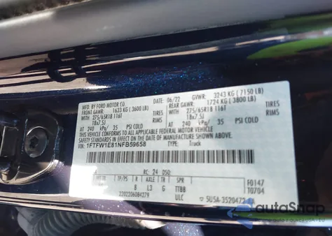 2022 Ford F-150 Lariat из США, поврежденный, VIN 1FTFW1E81NFB59658